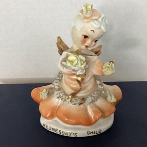 Lefton China Wednesdays Child, yellow roses, angel, gold wings Vintage